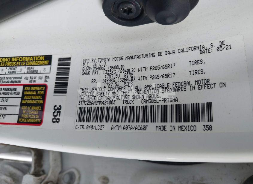 Photo 9 of 2021 Toyota Tacoma TRD SPORT (VIN 3TMCZ5AN2MM424003)