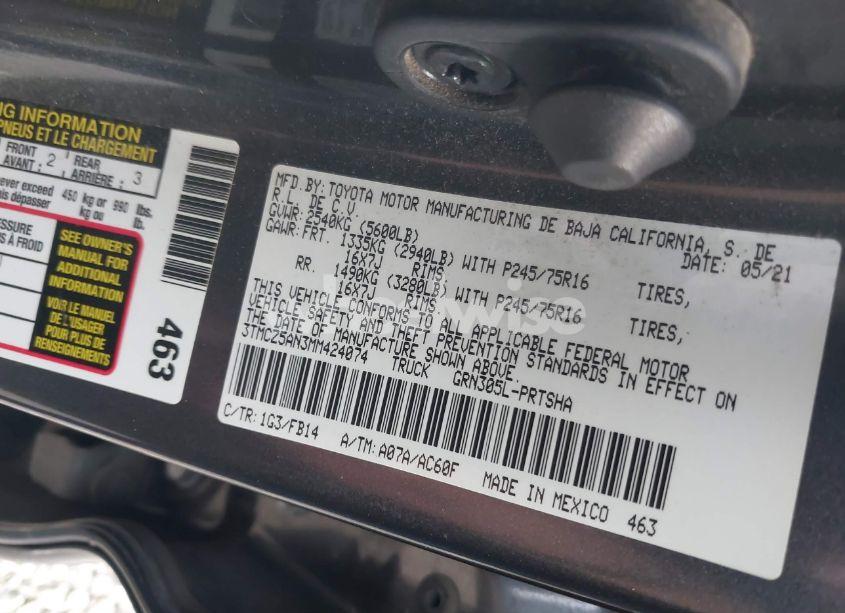 Photo 9 of 2021 Toyota Tacoma SR V6 (VIN 3TMCZ5AN3MM424074)