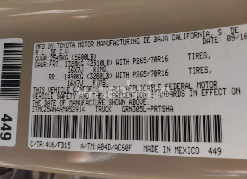 Photo 9 of 2017 Toyota Tacoma DBL CAB/SR/TRDSPT/OR/PRO (VIN 3TMCZ5AN4HM052914)