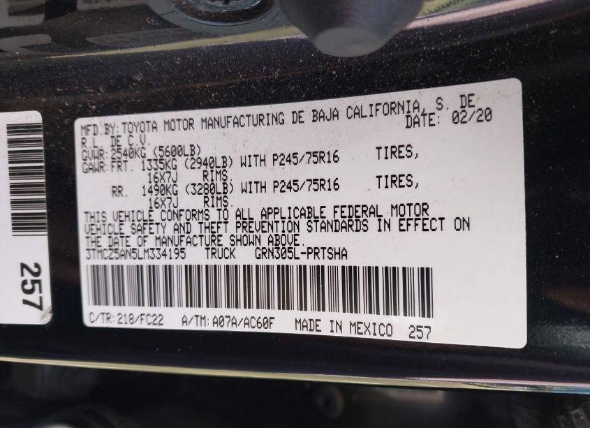 Photo 9 of 2020 Toyota Tacoma SR5 V6 (VIN 3TMCZ5AN5LM334195)