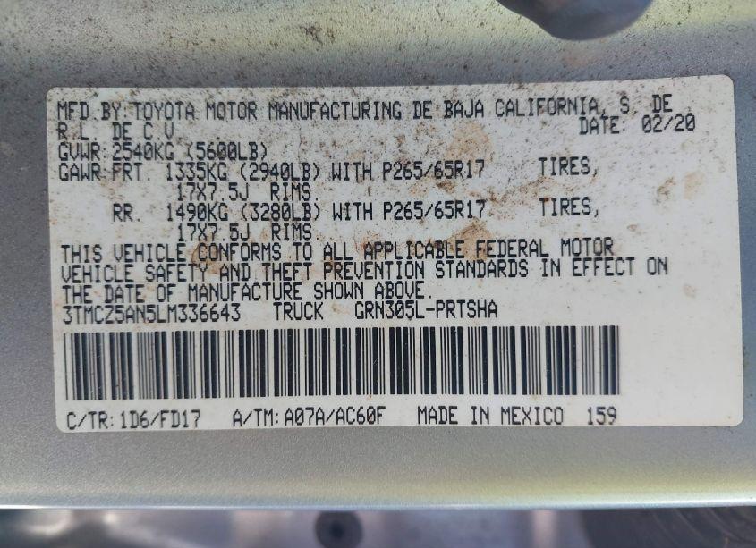 Photo 9 of 2020 Toyota Tacoma TRD SPORT (VIN 3TMCZ5AN5LM336643)