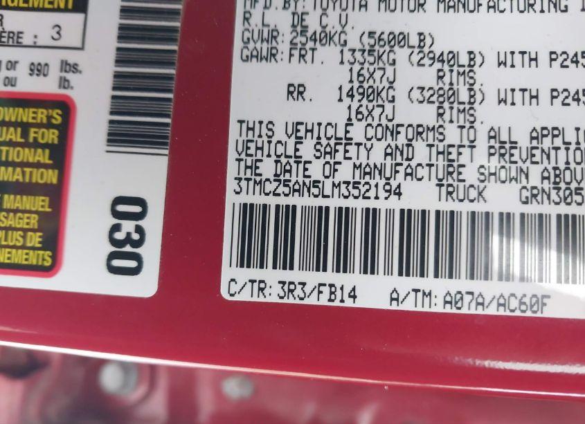 Photo 9 of 2020 Toyota Tacoma SR V6 (VIN 3TMCZ5AN5LM352194)