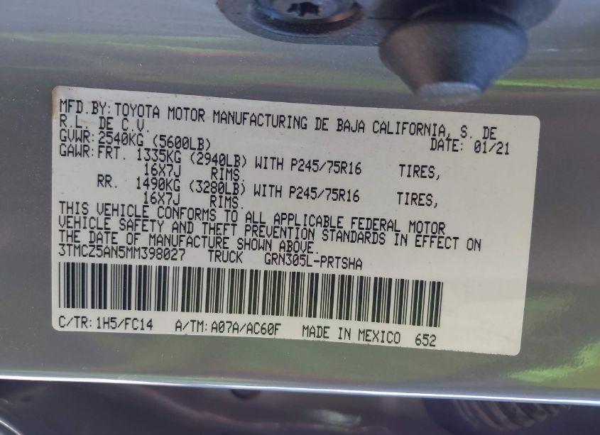 Photo 9 of 2021 Toyota Tacoma SR5 V6 (VIN 3TMCZ5AN5MM398027)