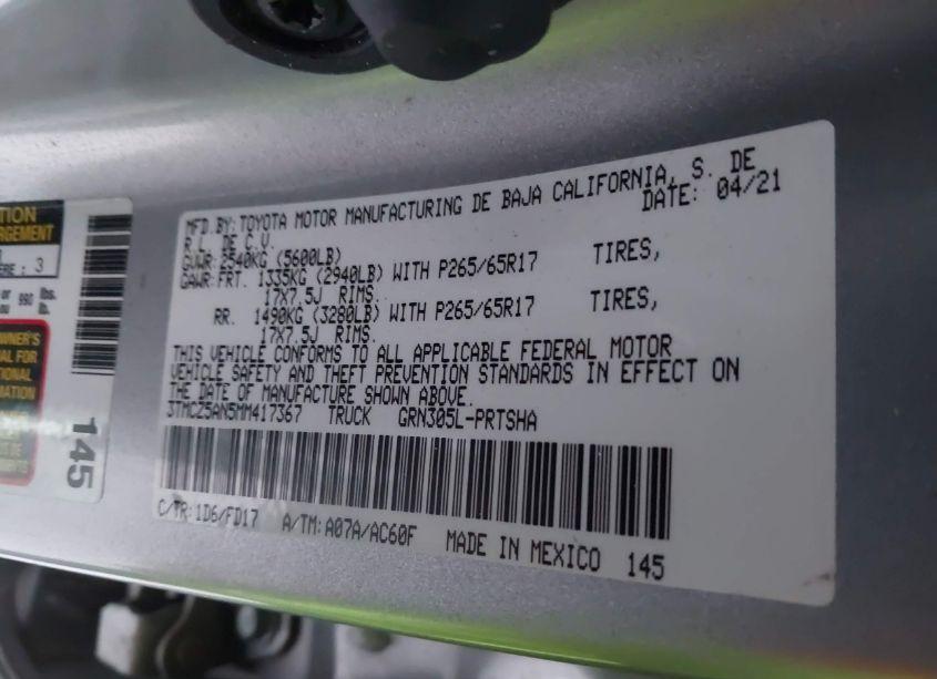 Photo 9 of 2021 Toyota Tacoma TRD SPORT (VIN 3TMCZ5AN5MM417367)