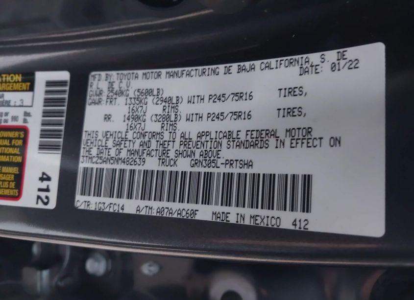 Photo 9 of 2022 Toyota Tacoma SR5 V6 (VIN 3TMCZ5AN5NM482639)