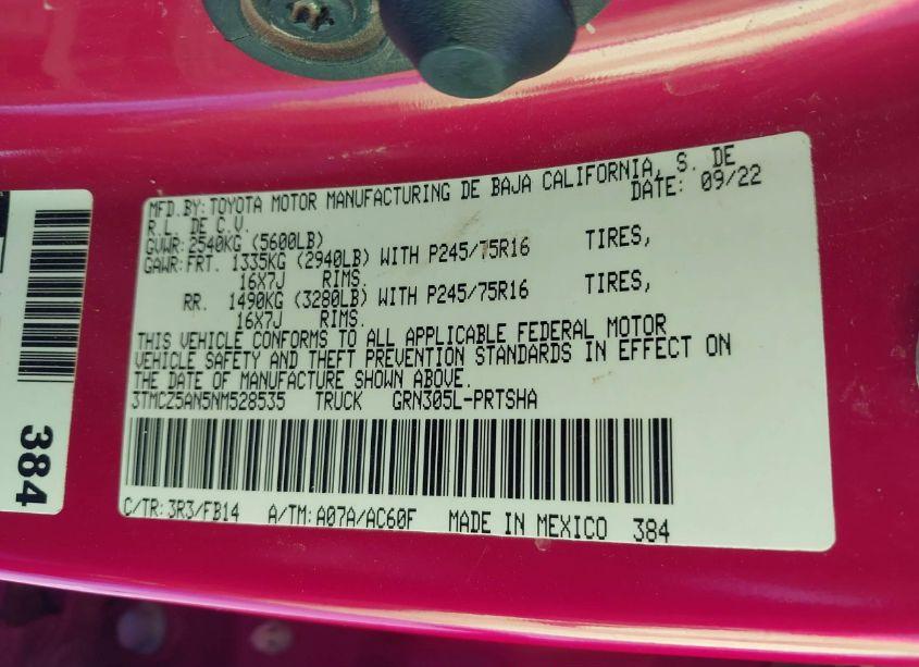 Photo 9 of 2022 Toyota Tacoma SR V6 (VIN 3TMCZ5AN5NM528535)