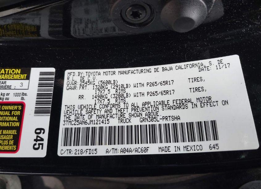 Photo 9 of 2018 Toyota Tacoma TRD SPORT (VIN 3TMCZ5AN6JM121415)