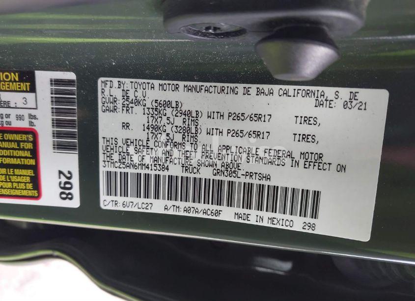 Photo 9 of 2021 Toyota Tacoma TRD SPORT (VIN 3TMCZ5AN6MM415384)