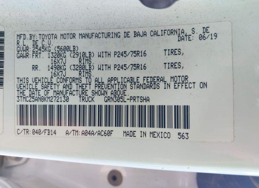 Photo 9 of 2019 Toyota Tacoma SR V6 (VIN 3TMCZ5AN8KM272130)