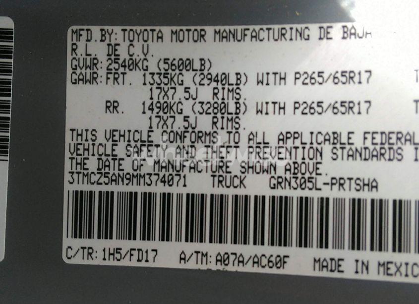 Photo 9 of 2021 Toyota Tacoma TRD SPORT (VIN 3TMCZ5AN9MM374071)