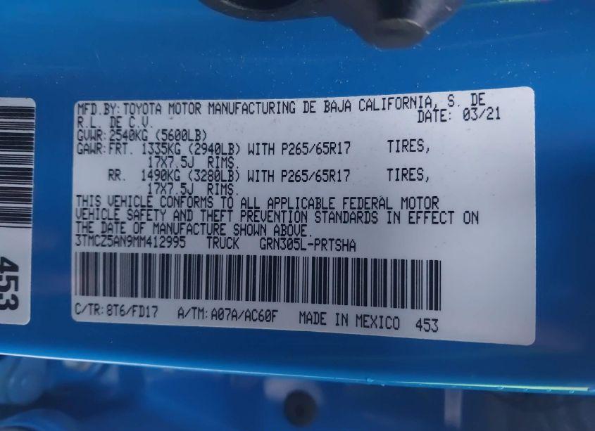 Photo 9 of 2021 Toyota Tacoma TRD SPORT (VIN 3TMCZ5AN9MM412995)