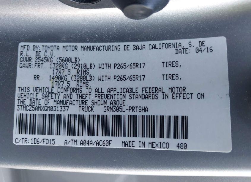 Photo 9 of 2016 Toyota Tacoma TRD SPORT (VIN 3TMCZ5ANXGM031337)