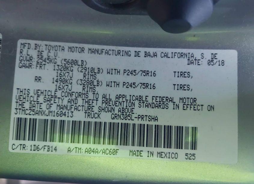Photo 9 of 2018 Toyota Tacoma SR V6 (VIN 3TMCZ5ANXJM160413)