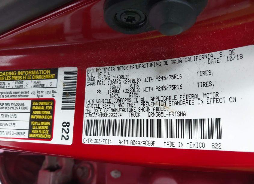 Photo 9 of 2019 Toyota Tacoma SR5 V6 (VIN 3TMCZ5ANXKM203374)