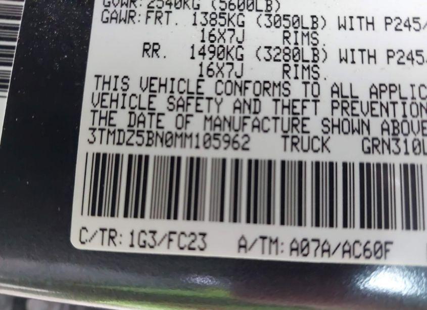 Photo 9 of 2021 Toyota Tacoma SR5 V6 (VIN 3TMDZ5BN0MM105962)