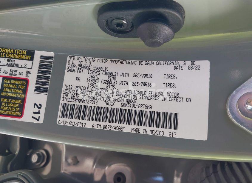 Photo 9 of 2022 Toyota Tacoma TRD OFF ROAD (VIN 3TMDZ5BN0NM137912)