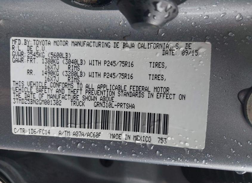 Photo 9 of 2016 Toyota Tacoma TRD SPORT (VIN 3TMDZ5BN2GM001302)