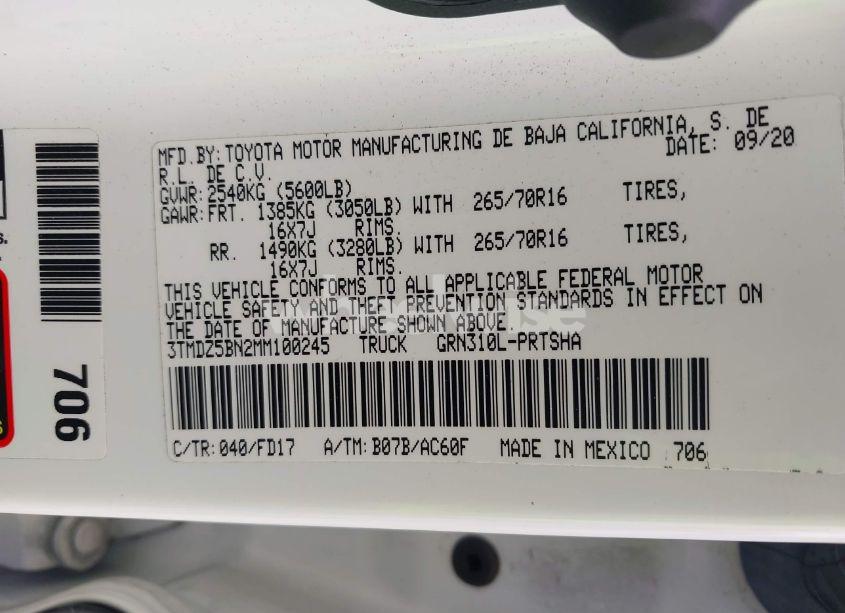 Photo 9 of 2021 Toyota Tacoma TRD OFF-ROAD (VIN 3TMDZ5BN2MM100245)