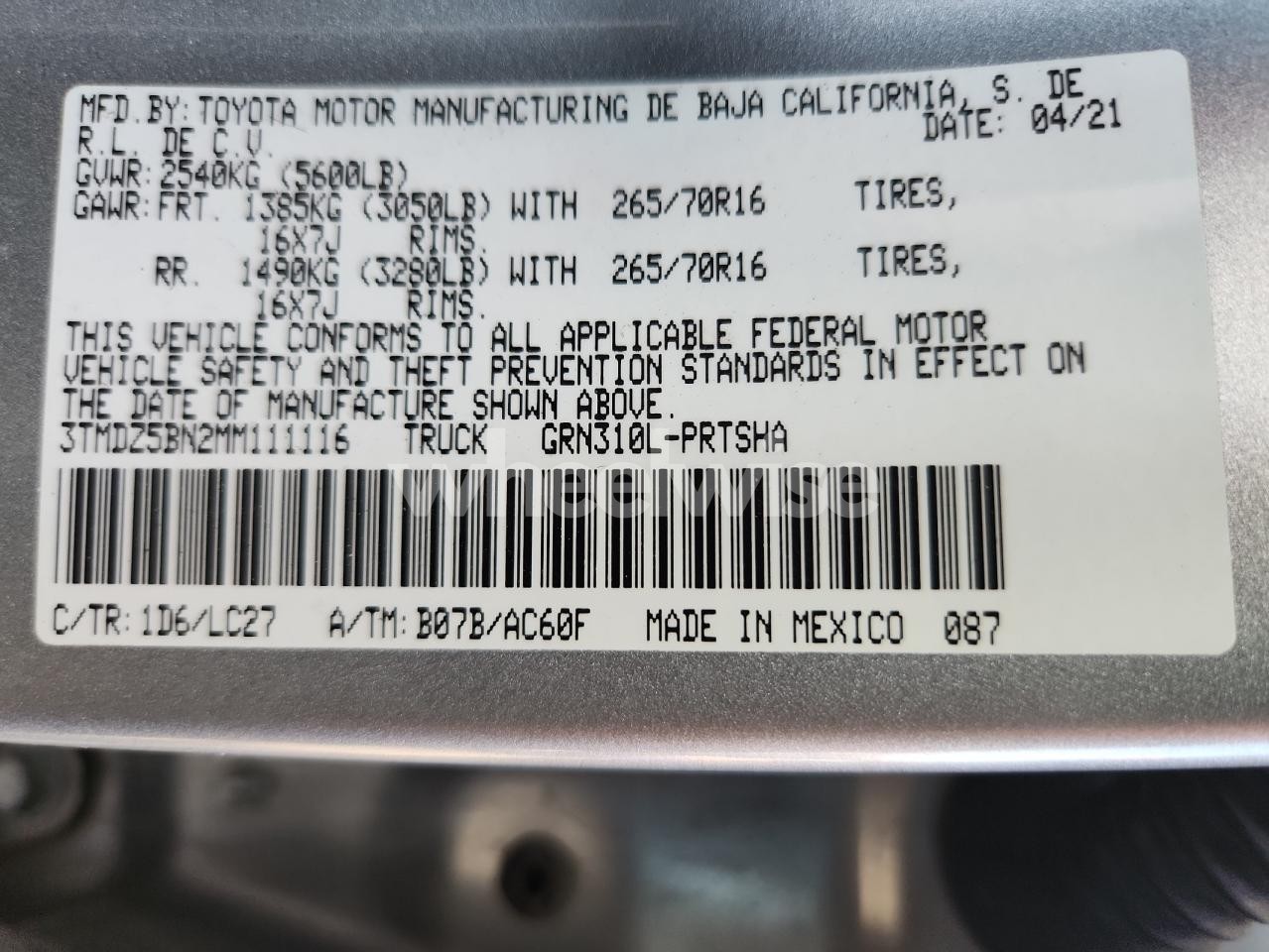 Photo 12 of 2021 TOYOTA TACOMA DOUBLE CAB (VIN 3TMDZ5BN2MM111116)