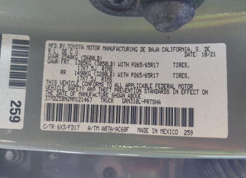 Photo 9 of 2022 Toyota Tacoma (VIN 3TMDZ5BN2NM121467)