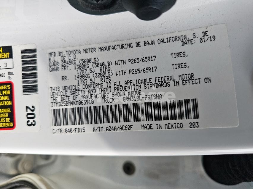 Photo 4 of 2019 TOYOTA TACOMA DOUBLE CAB (VIN 3TMDZ5BN4KM063910)