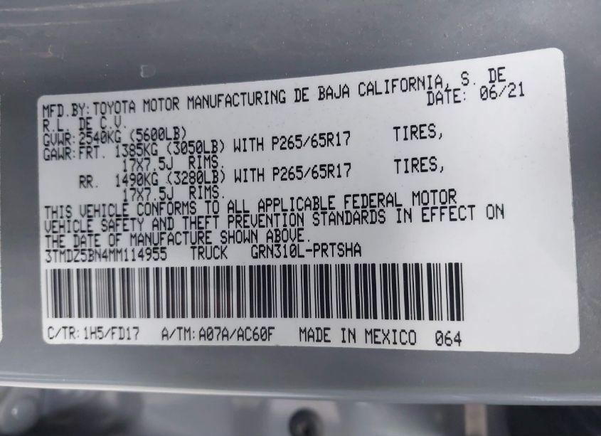 Photo 9 of 2021 Toyota Tacoma TRD SPORT (VIN 3TMDZ5BN4MM114955)