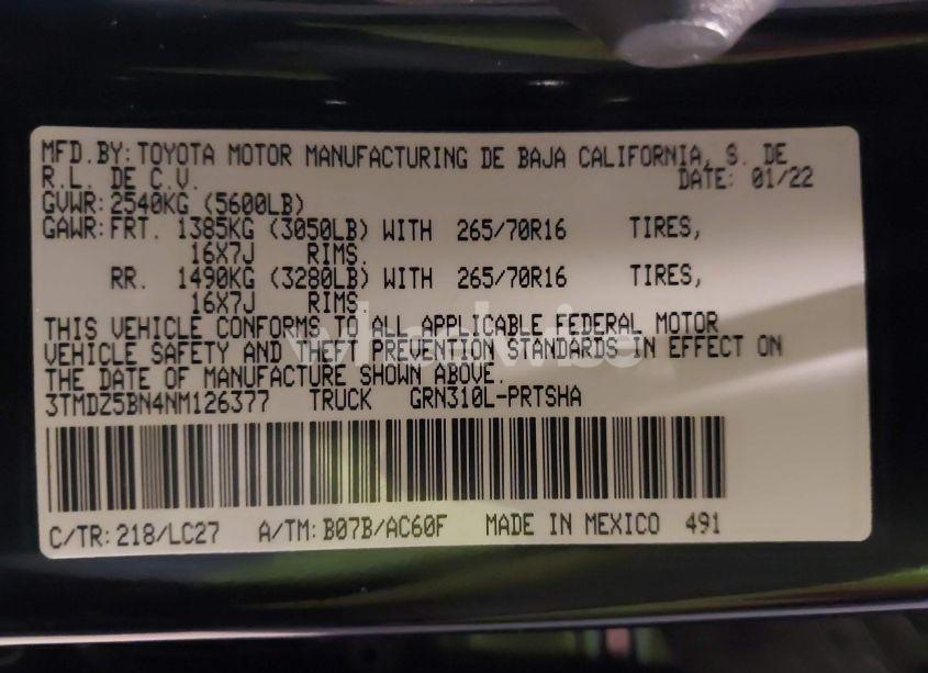 Photo 9 of 2022 Toyota Tacoma TRD OFF ROAD (VIN 3TMDZ5BN4NM126377)
