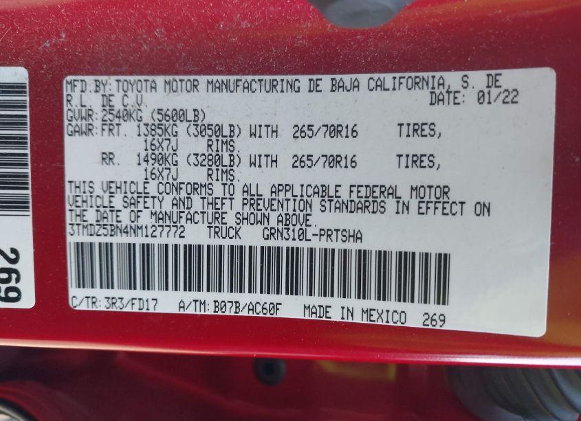 Photo 9 of 2022 Toyota Tacoma TRD OFF ROAD (VIN 3TMDZ5BN4NM127772)