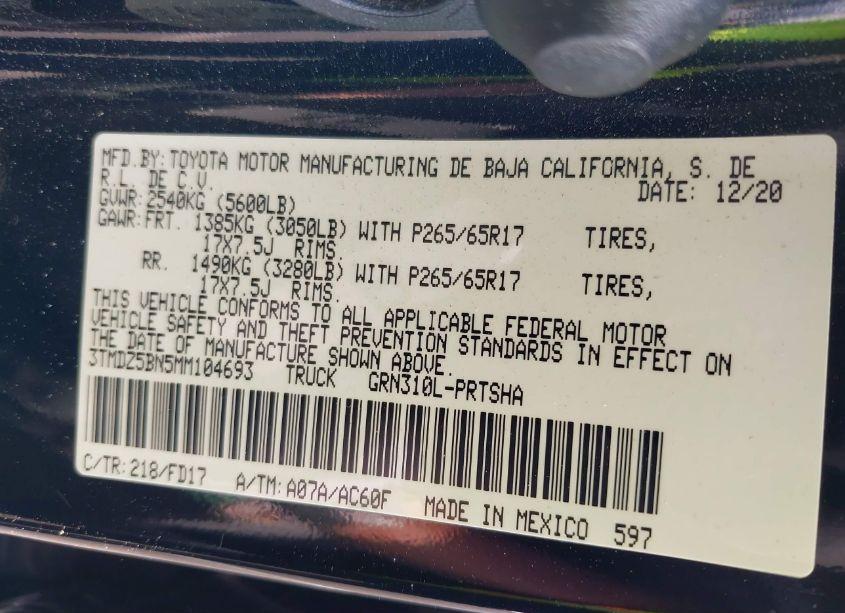 Photo 9 of 2021 Toyota Tacoma TRD SPORT (VIN 3TMDZ5BN5MM104693)