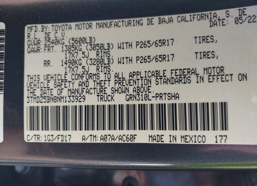 Photo 9 of 2022 Toyota Tacoma TRD SPORT (VIN 3TMDZ5BN8NM133929)