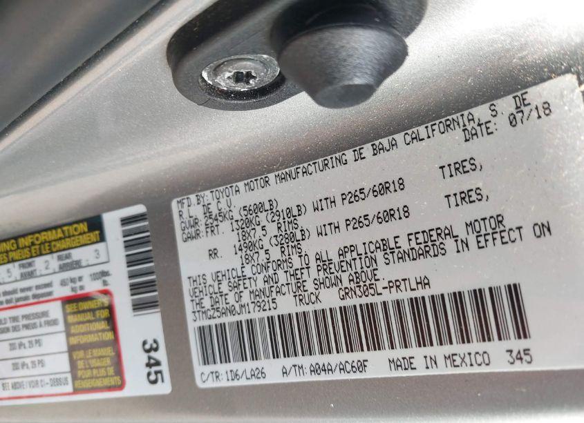 Photo 9 of 2018 Toyota Tacoma LIMITED (VIN 3TMGZ5AN0JM179215)