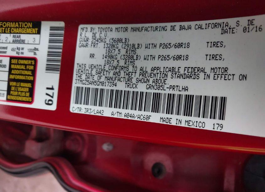 Photo 9 of 2016 Toyota Tacoma LIMITED (VIN 3TMGZ5AN5GM017394)
