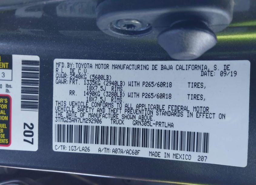 Photo 9 of 2020 Toyota Tacoma LIMITED (VIN 3TMGZ5AN7LM292906)