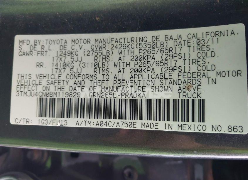 Photo 9 of 2011 Toyota Tacoma PRERUNNER V6 (VIN 3TMJU4GN0BM119829)