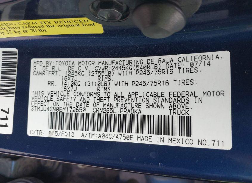 Photo 9 of 2014 Toyota Tacoma PRERUNNER V6 (VIN 3TMJU4GN0EM172650)