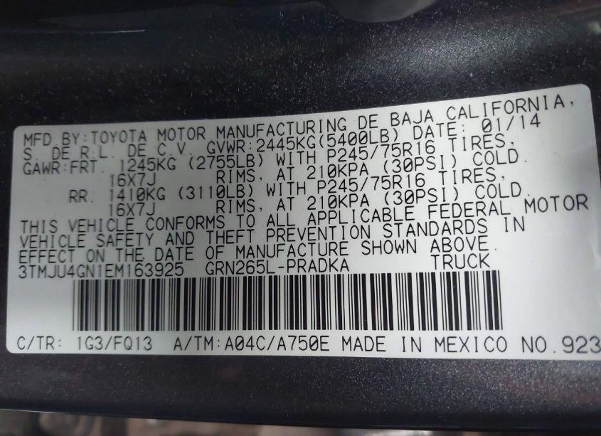 Photo 9 of 2014 Toyota Tacoma PRERUNNER V6 (VIN 3TMJU4GN1EM163925)
