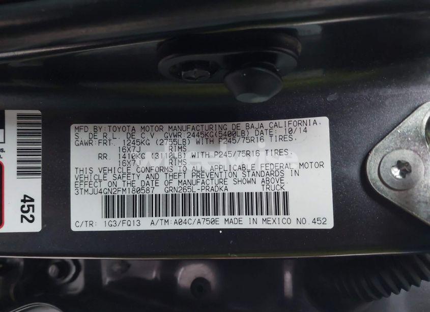 Photo 9 of 2015 Toyota Tacoma PRERUNNER V6 (VIN 3TMJU4GN2FM180587)