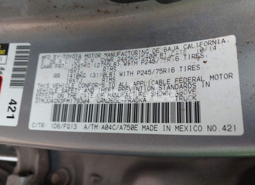 Photo 9 of 2015 Toyota Tacoma PRERUNNER V6 (VIN 3TMJU4GN3FM179304)