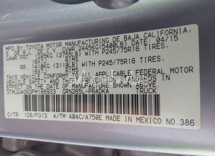 Photo 9 of 2015 Toyota Tacoma PRERUNNER V6 (VIN 3TMJU4GN3FM186933)