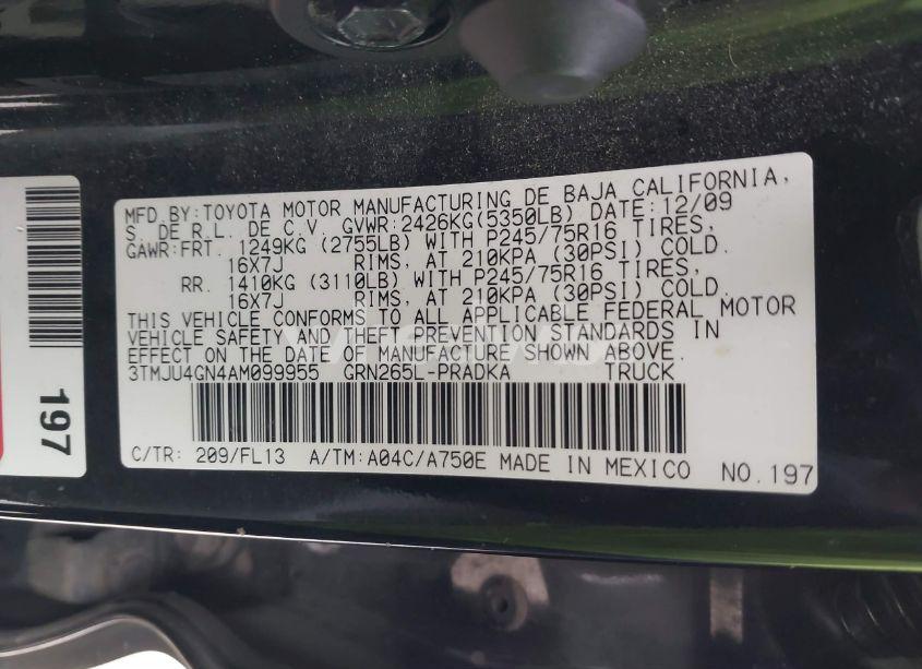 Photo 9 of 2010 Toyota Tacoma PRERUNNER V6 (VIN 3TMJU4GN4AM099955)