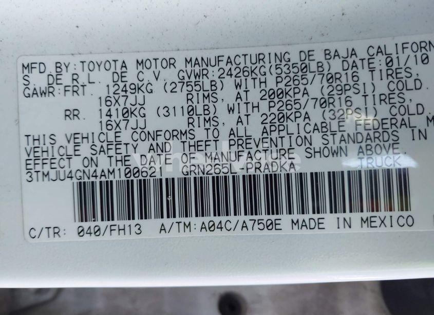 Photo 9 of 2010 Toyota Tacoma PRERUNNER V6 (VIN 3TMJU4GN4AM100621)