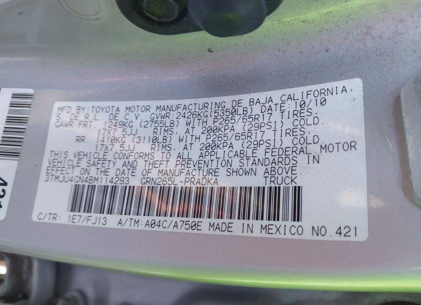 Photo 9 of 2011 Toyota Tacoma DOUBLE CAB PRERUNNER (VIN 3TMJU4GN4BM114293)