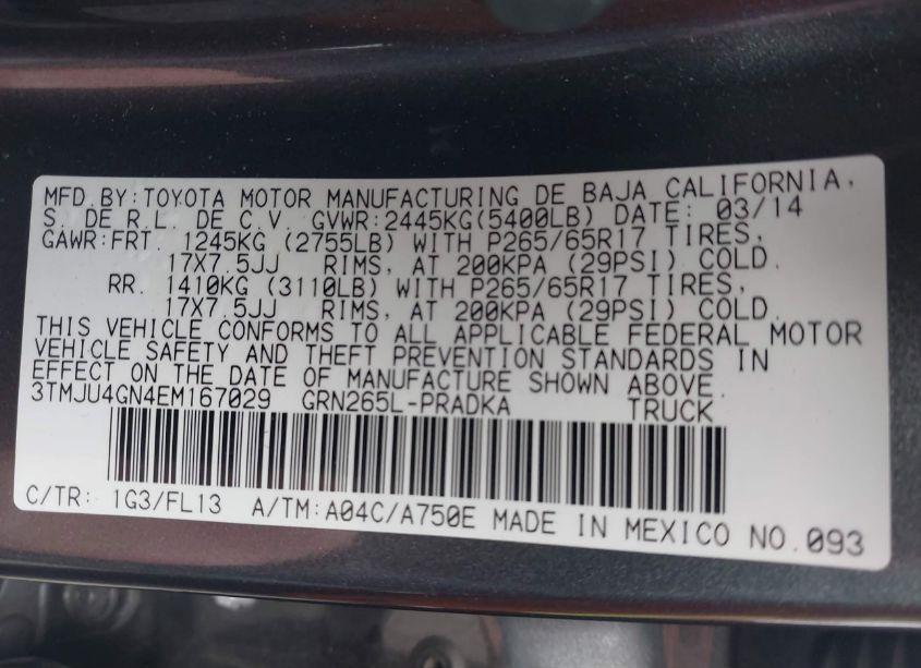Photo 9 of 2014 Toyota Tacoma DOUBLE CAB PRERUNNER (VIN 3TMJU4GN4EM167029)