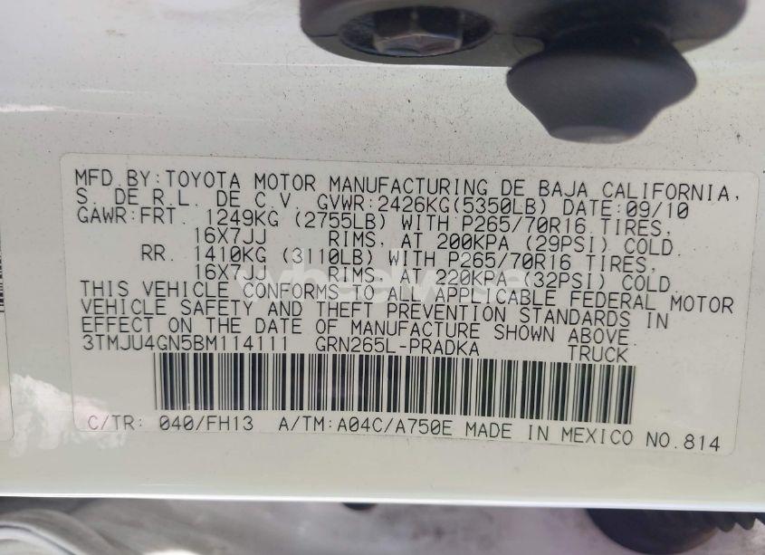 Photo 9 of 2011 Toyota Tacoma PRERUNNER V6 (VIN 3TMJU4GN5BM114111)