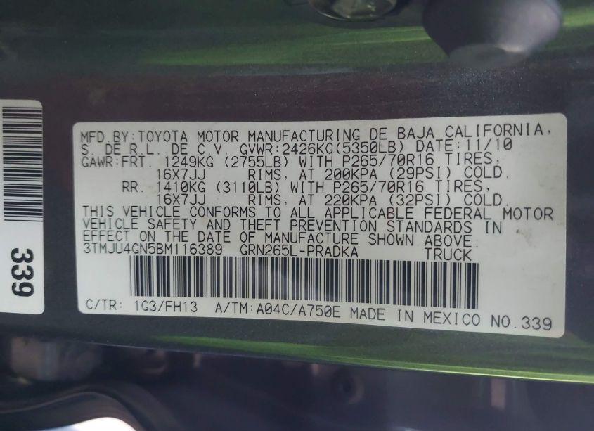 Photo 9 of 2011 Toyota Tacoma DOUBLE CAB PRERUNNER (VIN 3TMJU4GN5BM116389)