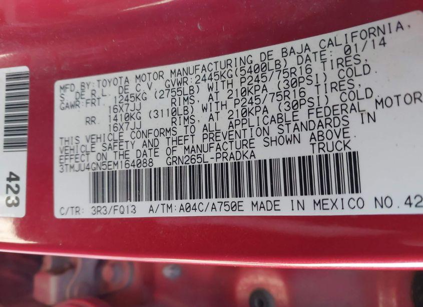 Photo 9 of 2014 Toyota Tacoma PRERUNNER V6 (VIN 3TMJU4GN5EM164088)