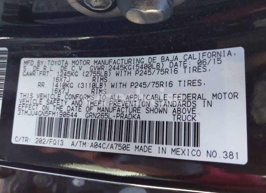 Photo 9 of 2015 Toyota Tacoma PRERUNNER V6 (VIN 3TMJU4GN5FM190644)