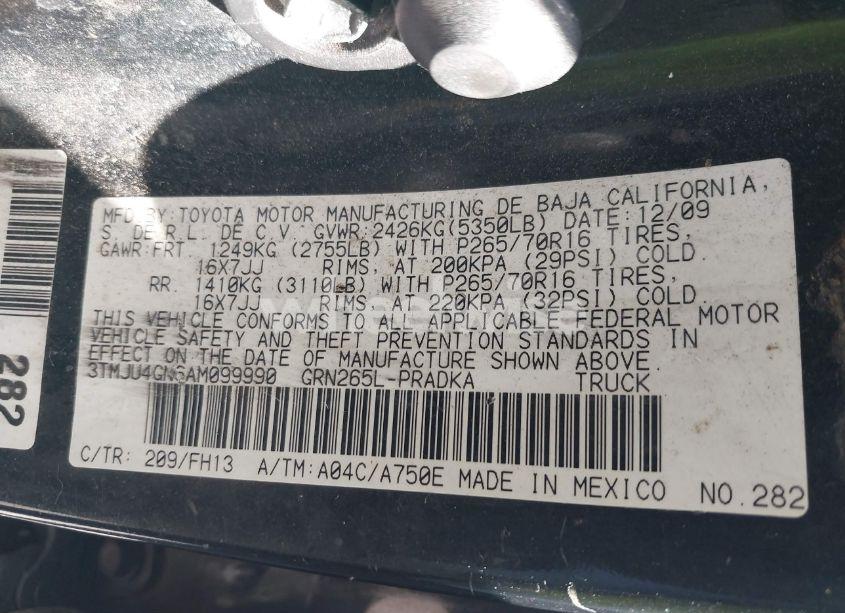 Photo 9 of 2010 Toyota Tacoma PRERUNNER V6 (VIN 3TMJU4GN6AM099990)