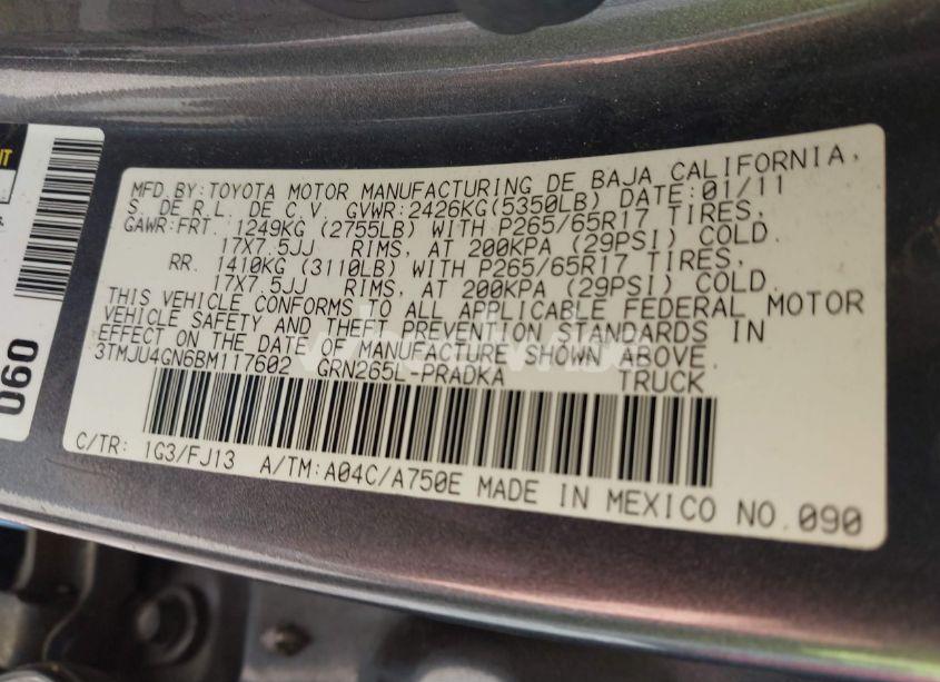 Photo 9 of 2011 Toyota Tacoma DOUBLE CAB PRERUNNER (VIN 3TMJU4GN6BM117602)