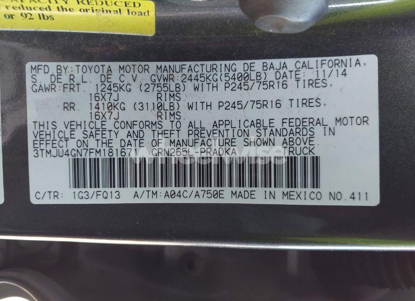 Photo 9 of 2015 Toyota Tacoma PRERUNNER V6 (VIN 3TMJU4GN7FM181671)